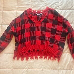 NOBO Red and Black Checkered V-Neck Sweater